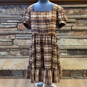 Hearts and Found Brown Plaid Flannel Square Neck Prairie Dress
